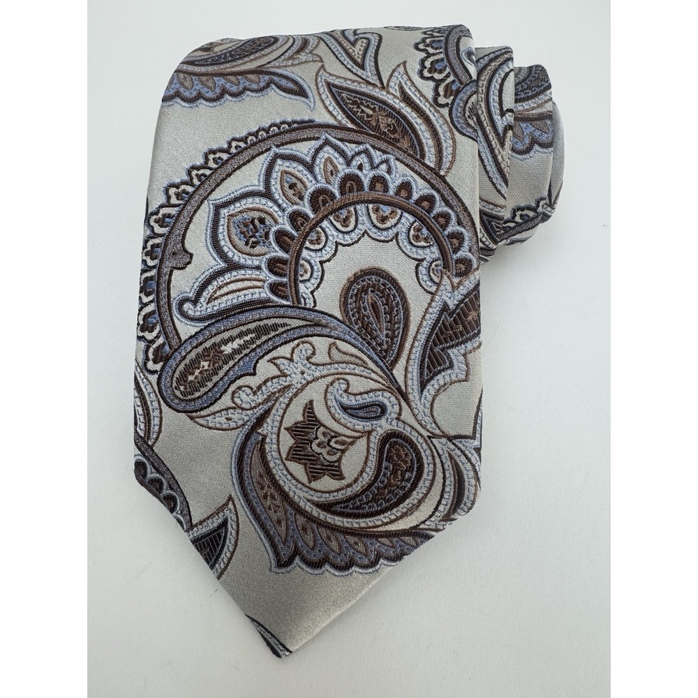 NWOT XMI PLATINUM Handmade Paisley Print Woven Modern Silk Tie Gray Brown Blue
